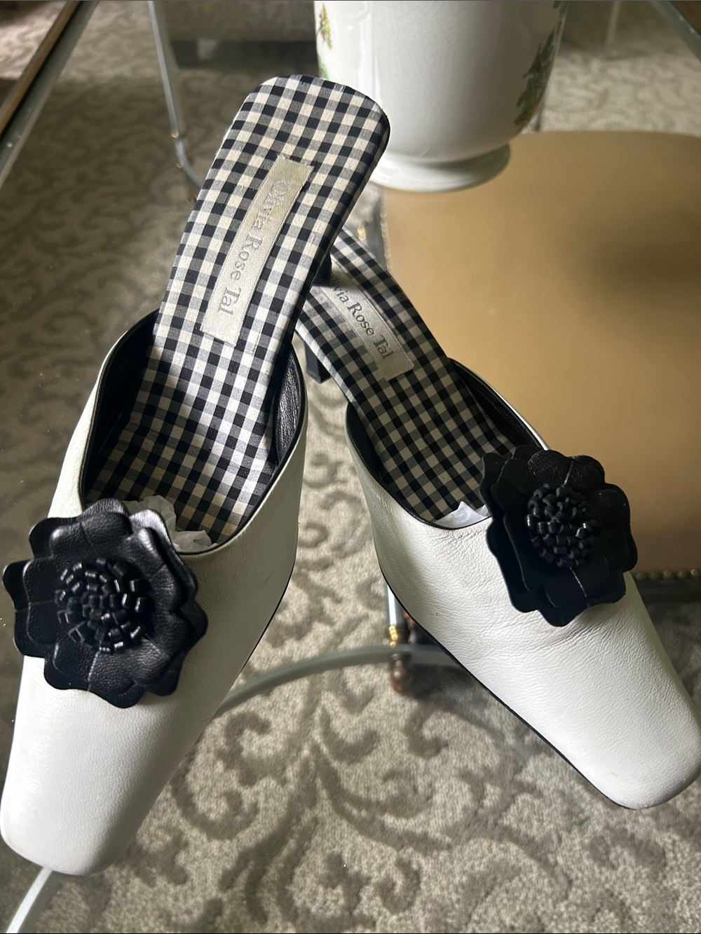 Olivia Rose Tal White Slip-On Heels with Black Flower Accents